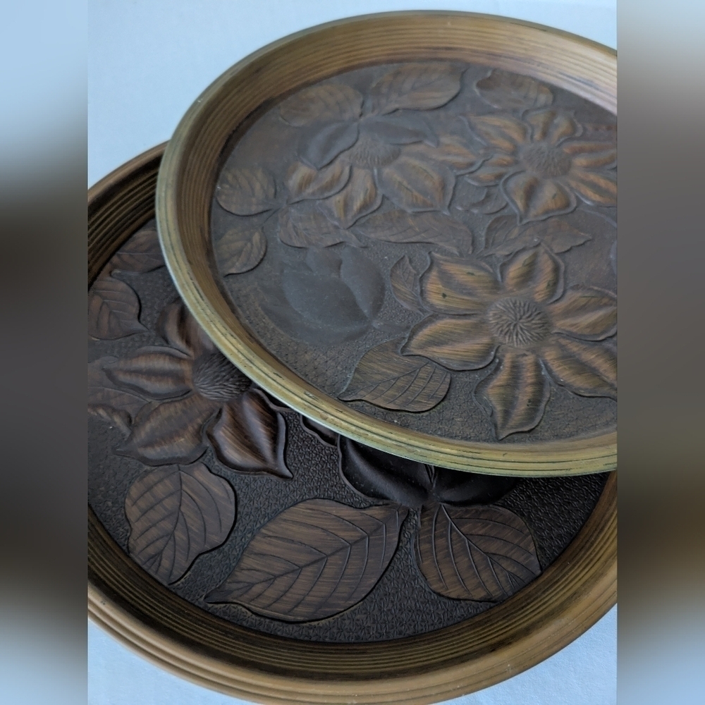 Vintage MCM Round Floral Plastic 3D Tray Japan. Set Of Two
